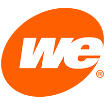 The image shows an orange oval with the white lowercase letters "we" in bold, with a registered trademark symbol in the bottom right corner.