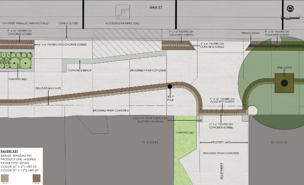 Landscape design plan showing pathways, concrete benches, planter beds, trees, parking stalls, and paving material legend for a public outdoor space adjacent to a street and building.