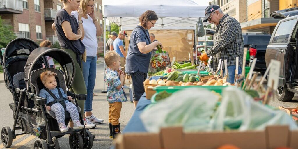 People shop for fresh produce at an outdoor farmers market; a woman with two children, one in a stroller, stands near a vendor's stall with assorted vegetables.