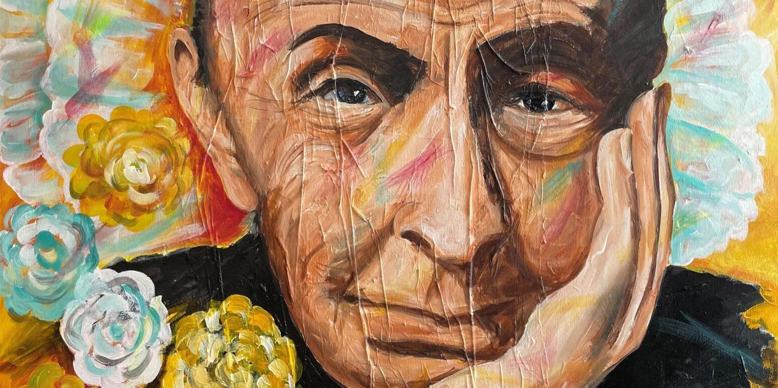 A colorful painting of an elderly person resting their face on their hand, surrounded by abstract flowers with a warm, textured background.